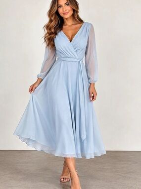 Light Blue Chiffon Wrap Midi Dress – Long Sheer Sleeves – Size 14 - NWT
